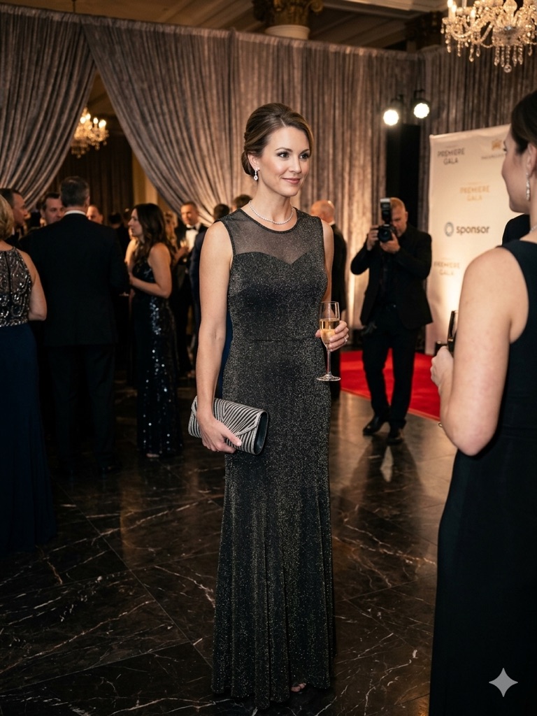 Candalite Sleeveless Metallic Black Maxi Dress With Illusion Neckline
